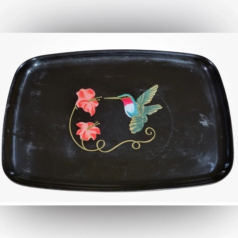 Vintage Couroc Monterey Ca Hand Inlaid Hummingbird Flowers Tray
